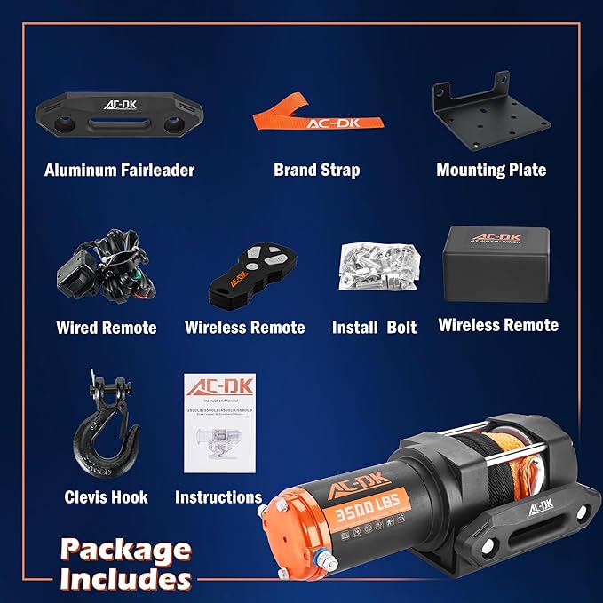 AC-DK 3500 lb ATV/UTV Winch Synthetic Rope Kits, 12V Winch with Wireless Remote for Off Road Trailer Boat RV Towing Winches, Winch with Mounting Plate and Wired Remote