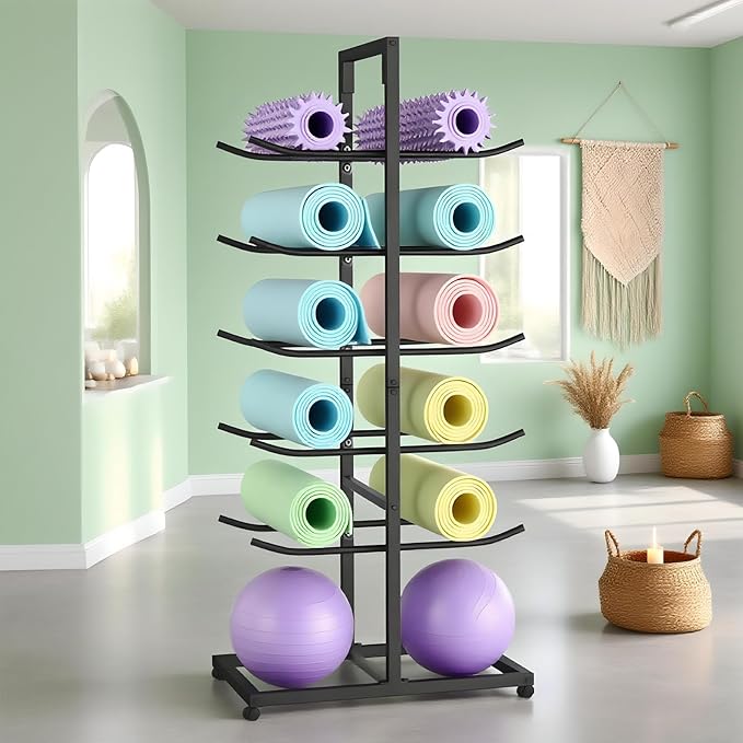 Yoga Mat Holder, Yoga Mat Storage Rack Floor-Standing, Home Gym Double Sided Foam Roller Holder Rack, Large Capacity Yoga Blocks Organizer Shelf on Wheels, 5 Tier Metal Rolling Cart (black, 5th floor)