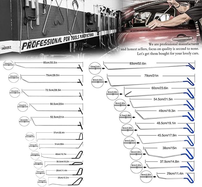 WHDZ Paintless Dent Repair Rods Tool 21Pcs Auto Body Paintless Dent Repair Tools Kit for Door Dings Hail Repair and Dent Removal