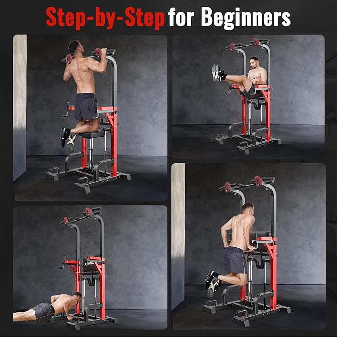 Power Tower Dip Station Pull Up Bar for Fitness Home Gym Workout,Multi-Function Adjustable Height Fitness Strength Training Exercise Equipment,with Power Elastic Ropes (Red Black)