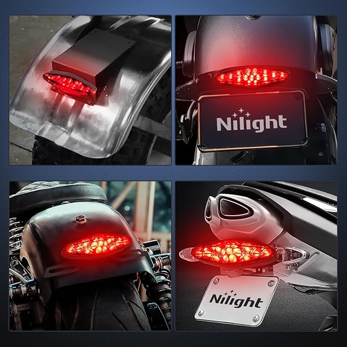 Nilight Motorcycle Tail Lights LED Brake Running Light with License Plate Bracket Dirt Bike Rear Lighting Compatible with Honda Yamaha Kawasaki Suzuki Chopper Turing Cruiser, Red