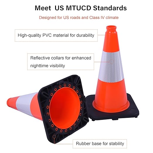 OrangeStar 8Pack 18" Orange Traffic Safety Cones, PVC Parking Cone Construction Cones w/Reflective Collar Heavy Duty Rubber Base for Driving Practice, Parking Lots and Roadwork
