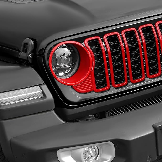 Front Grille Grill Insert+Headlight Turn Light Cover Trim Compatible with 2024-2025+ Jeep Wrangler JL JLU & Gladiator JT Exterior Accessories,Not Fit for JL Sport & Sports (Red)