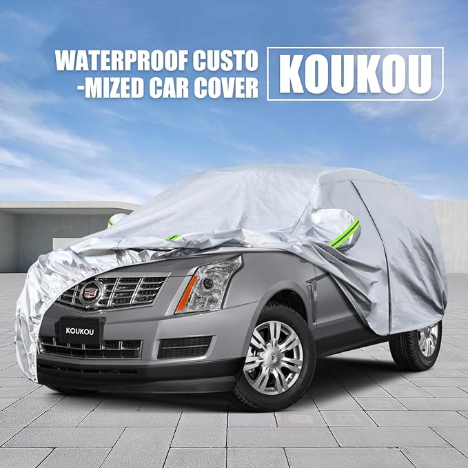 Koukou 6 Layers Car Cover Custom Fit Cadillac SRX (2009-2016) and Cadillac XT5 (2016-2025), Waterproof Car Cover All Weather for Automobiles Outdoor with Zipper Door, Sun Rain Dust Snow Protection.