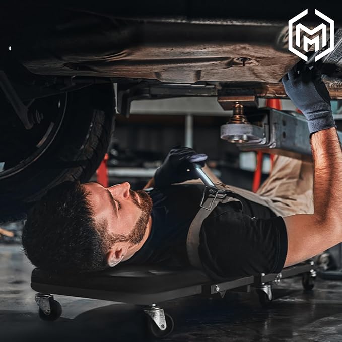 M-AUTO 40-Inch Folding Creeper Rolling Seat, All-in-One Adjustable Roller Garage Chair, Lay Down or Sit, 330LBS Capacity Under Car Roller Creeper with 6 Swivel Casters, Black