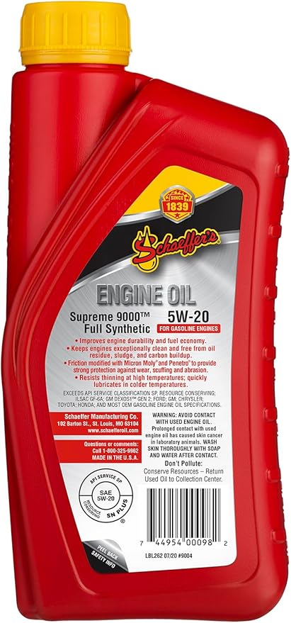 Schaeffer Manufacturing Co. 9004-012S Supreme 9000 Full Synthetic Gasoline Engine Oil 5W-20, 1-Quart Bottle