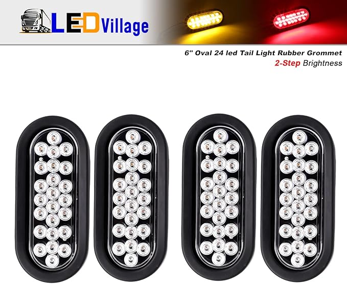 4 Pcs 6 Inch Clear Lens 2 Amber & 2 Red Oval Trailer Marker Lights Multi-Function Bulb 24 LED w/Grommet & Plug Stop Tail Truck Van 12v DC Flush Mount
