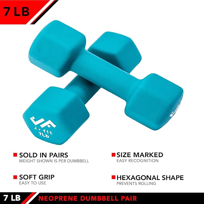 JFIT Dumbbell Pairs or Sets – Neoprene & Vinyl Coated Hand Weights for Home Gym, Strength Training, Aerobics, Cardio Exercise and Fitness