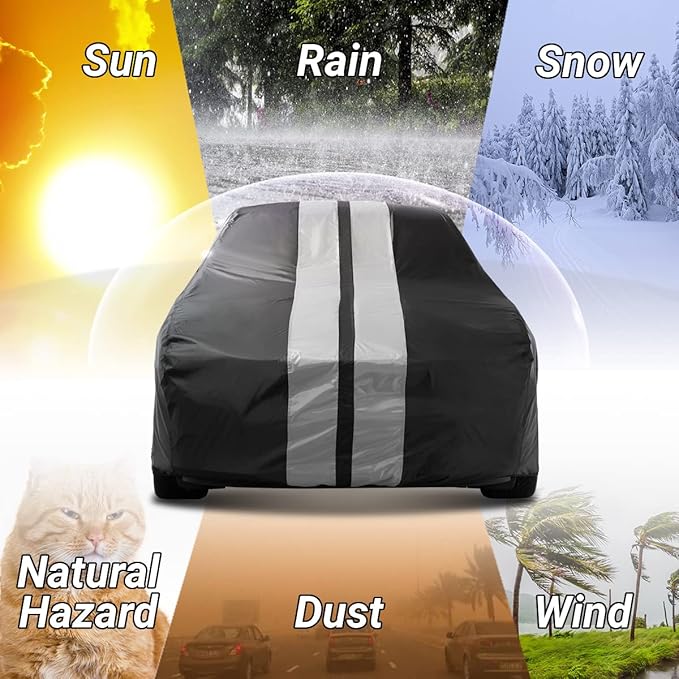 iCarCover Custom Car Cover for 1979-2004 Ford Mustang Waterproof All Weather Rain Snow UV Sun Protector Full Exterior Indoor Outdoor Car Cover (Stripe - Black/Gray)