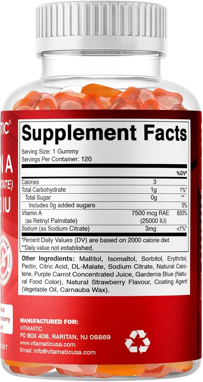 Vitamatic Sugar Free Vitamin A 25000 IU Gummies (Retinyl Palmitate) - Natural Strawberry Flavor - 120 Pectin Based Gummies (2 Bottles)