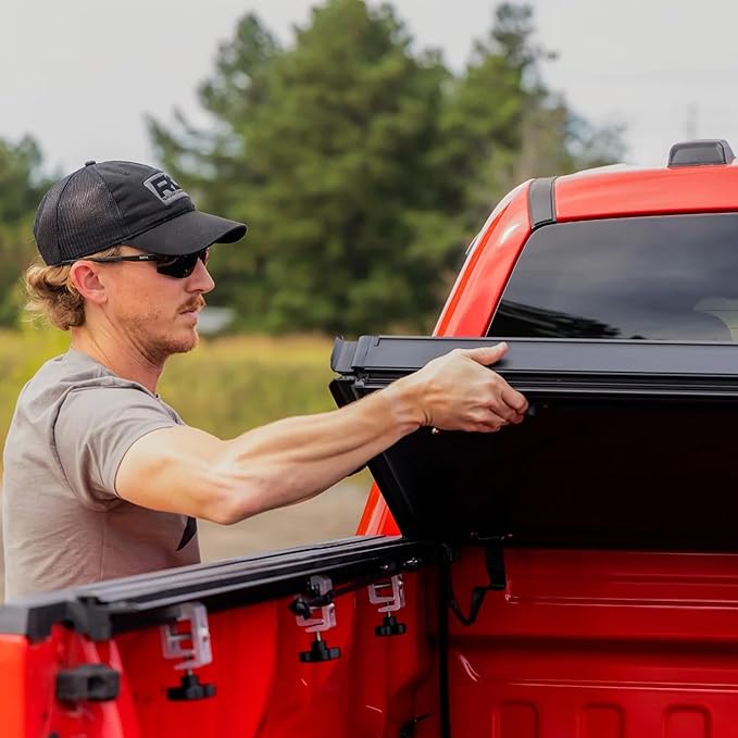 Rough Country Hard Flip-Up Truck Bed Tonneau Cover for Ford F-150 (2015-2020) - Aluminum Tri-Fold Bed Cover