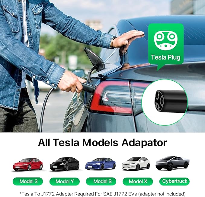 Level 1+2 EV Charger Tesla NACS 16A Mobile Electric Car Charger 110V/240V with NEMA 5-15 Plug and 6-20 Plug 25FT Cable 3.84KW Adjustable 16 Amps Vehicle Charging Stations for Tesla