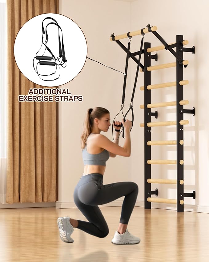 Swedish Ladder Wall Gym, Wooden Wall-Mounted Stall Bars with Pull-up Bar & Exercise Straps & Dip Bars, Stretching Ladder Full Body Home Gym for Adults