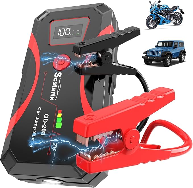 208 Car Battery Jump Starter, Portable Power Battery Pack 2000A Peak 12V Jump Box for Motorcycle Up to 7L Gas & 4L Diesel 3 Modes Flashlight and Safety Jumper Clamps