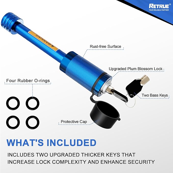 RETRUE Trailer Hitch Locks, 5/8" Locking Hitch Pin for 2 Inch and 2 1/2” Receiver Class III IV Hitch, Tow Hitch Lock with Keys O-Rings, Trailer Accessories for Outdoor,Blue