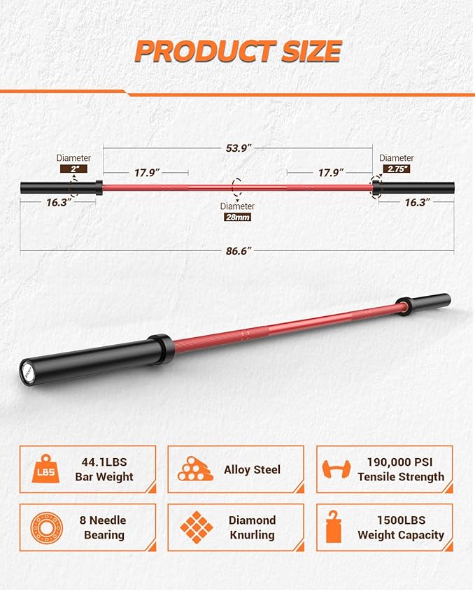 7ft Olympic Barbell Bar, 44LB Load 1500 lbs Capacity, Weight Bars for Gym Home Exercises, Weights Lifting, Squat, Powerlifting, Bench Press Bar Fit 2" Plates