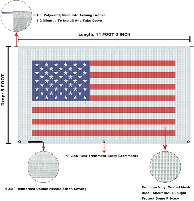 Tentproinc RV Awning Sun Shade Screen 8' X 14' 3'' (American Flag) Gray Mesh Sunshade Camper Trailer Awning Shade Screen UV Blocker Completed Kits