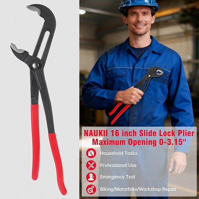 16 inch Tongue-and-Groove Pliers CR-V Adjustable Pliers 0-80mm (0-3.15inch) Large Opening Capacity Groove Joint Pliers Heavy-Duty Tasks Water Pump Pliers