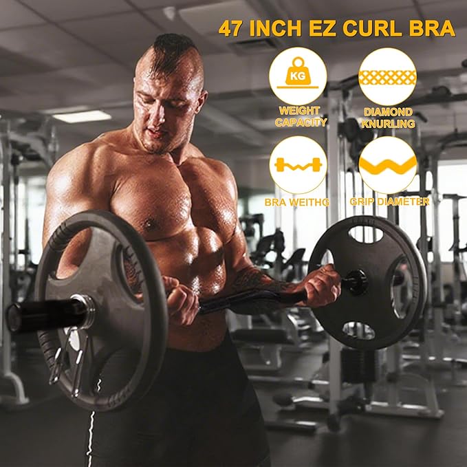 Olympic EZ Curl Barbell Bar, 47” Strength Training EZ Bar for Weight Lifting,Hip Thrusts,Biceps, triceps, Back/Leg Muscle Exercise,Chrome Curling Bar for 2 Inch Weight Plates,with 2 Spring Collars(500LBS)