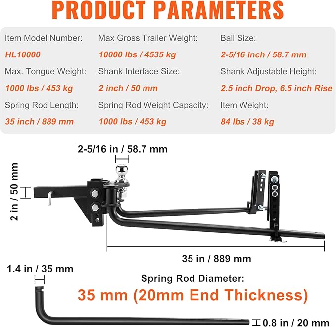 VEOVR Weight Distribution Hitch, 1,000 lbs Weight Distributing Hitches Kit with Sway Control for Trailer, 2-in Solid Steel Shank, 2-5/16 in Alloy Steel Ball, Powder Coated Load Leveling Hitch, Black