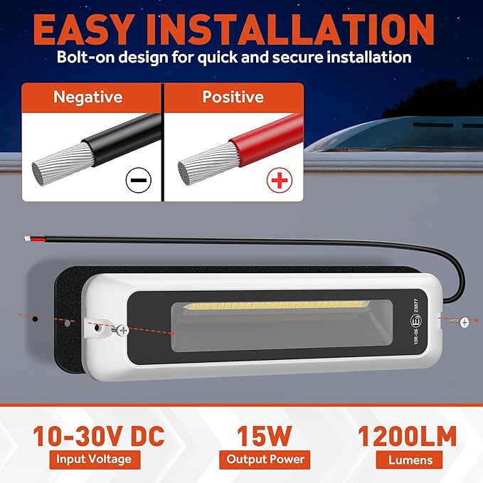LED RV Exterior Porch Light, 8 Inch 15W 1200LM High Brightness, 10-30V DC, IP68 Waterproof Aluminum Housing for RVs, Trailers, Boats & SUV (White Light 6000K)