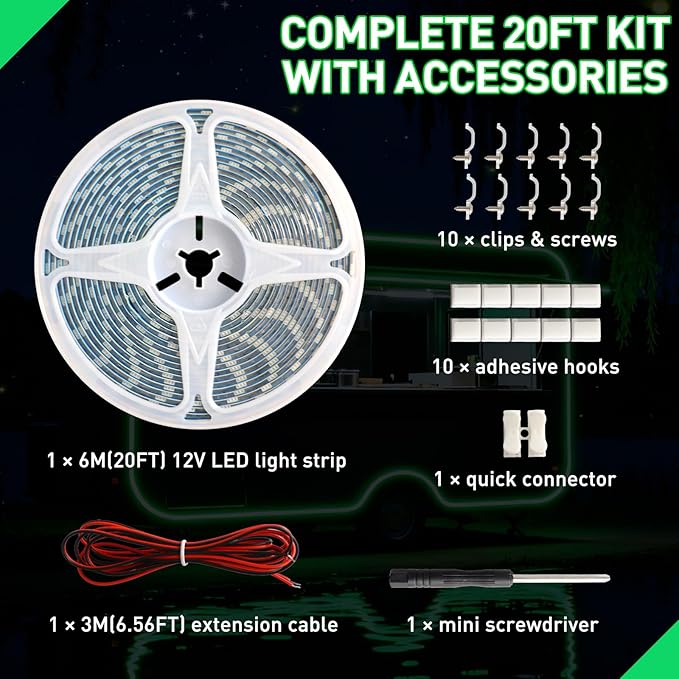 20FT RV Awning Light,12V Green Camper Awning Lighting,Waterproof LED Strip,Exterior Underglow Lighting for RV Motorhome Travel Trailer Food Truck Outdoor Party