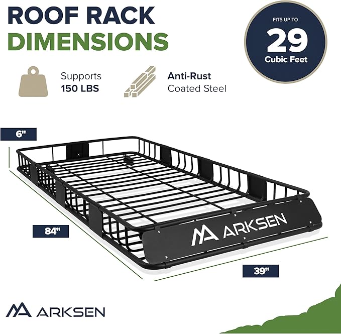 ARKSEN 84 x 39 x 6 Inch Universal 150LB Heavy Duty Roof Rack Cargo with Two Cargo Nets & Ratchet Straps, Car Top Luggage Holder Carrier Basket with Extension for SUV, Truck, & Car Steel Construction