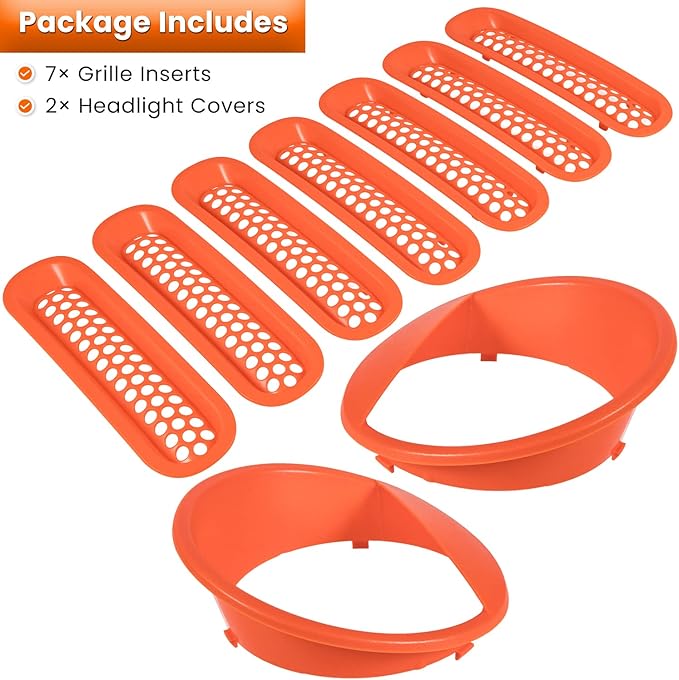 Front Grille Mesh Inserts & Headlight Cover for Jeep Wrangler JK JKU Sport Freedom Rubicon Sahara Unlimited 2007-2018 Exterior Accessories Clip-in Grille Guard Headlight Bezels Trim (Matte Orange)