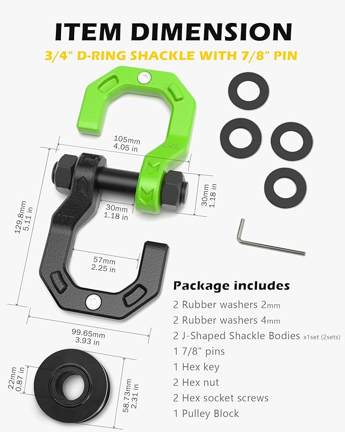 Separate D-Ring Shackle with Pulley Block, Towing Winch Snatch Block & 3/4" Separate D-Ring Shackle 2in1 Set, 57320lbs(26T) Breaking Strength, for Recovery, Blackgreen