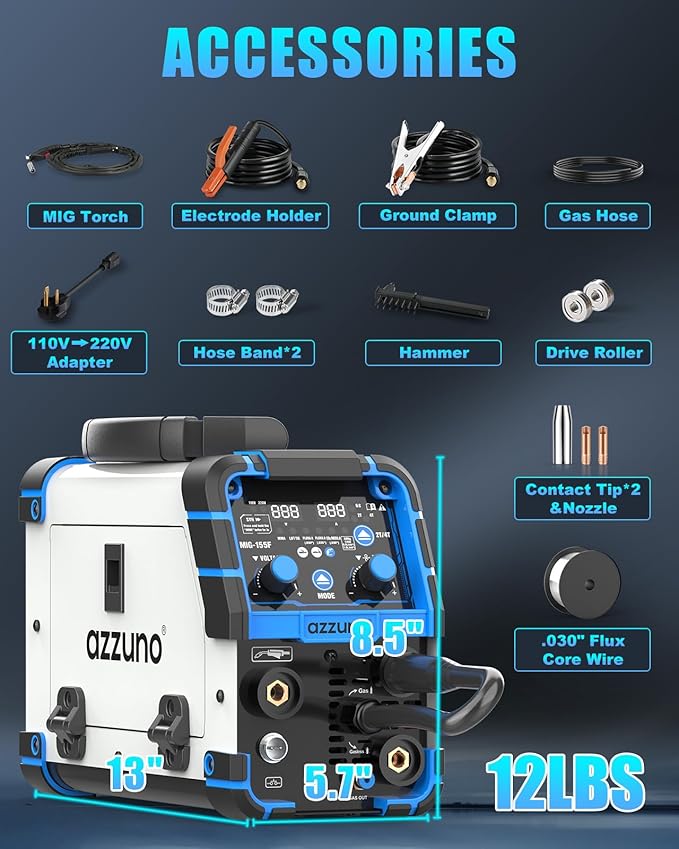 AZZUNO Aluminum 155A MIG Welder 110V/220V, 5-in-1 MIG Welding Machine with Flux Core MIG/Gas MIG/Aluminum MIG/Stick/Lift TIG Welding, Wire Feed Welder Machine