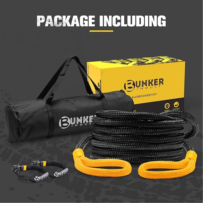 BUNKER INDUST 1"×30ft Kinetic Recovery Rope with 2 Soft Shackles Kit, Kinetic Recovery Tow Rope Snatch Strap Off Road Recovery Kit for UTV, ATV, Truck, Car, Jeep, Tractor