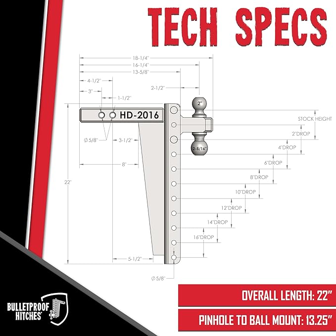 BulletProof Hitches - 2.0" Adjustable Heavy Duty Trailer Hitch (22,000 lb. Rating) - 16" Drop/Rise Trailer Hitch with 2" & 2-5/16" Dual Ball - Powder Coat, Solid Steel, Corrosion-Resistant