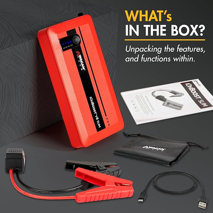 Wagan EL7601 iOnBoost V8 Slim Jump Starter 1200A Peak 12V Portable Lithium Car Battery Booster for Up to 4.0L V8 Gas or 2.0L Diesel 12V Jump Pack with USB Power Bank and LED Light