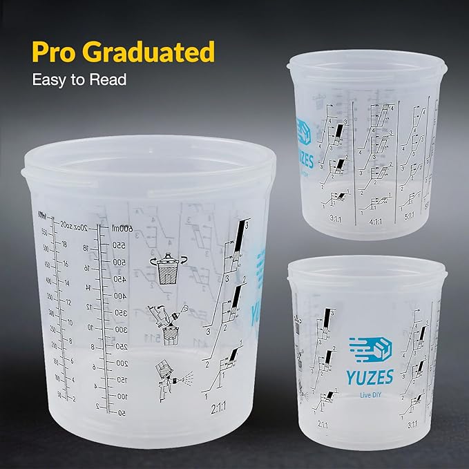 YUZES Disposable Paint Cups for Spray Gun 20 Ounce (600ml), 50 Disposable Paint Cup with Lids, 2 Hard Mixing Cups with Retainer Ring, 20 Plugs, PTFE Tape, Stirrer, for LVLP HVLP Spray Gun