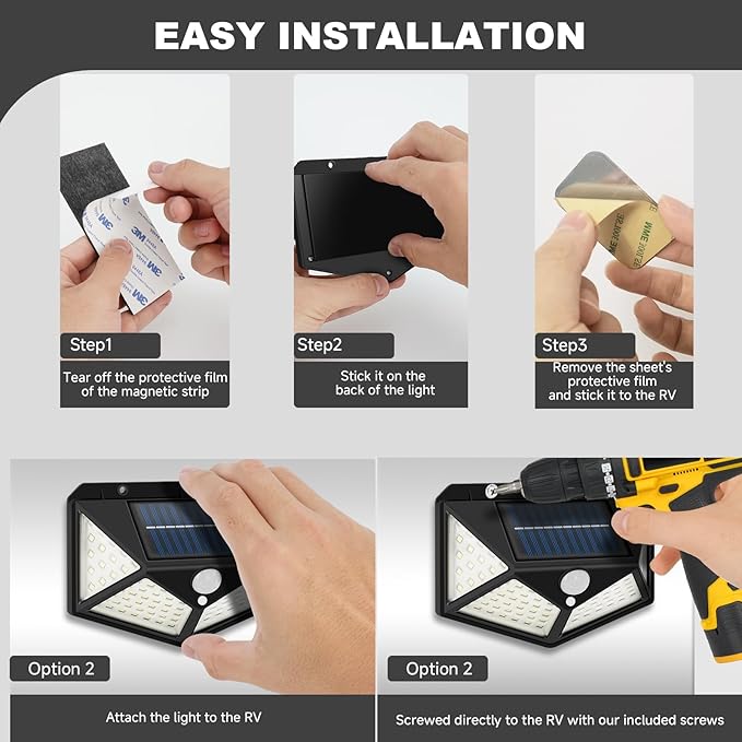 Solar RV Porch Lights | Motion Activated, Strong Magnetic Mount with Adhesive Metal Sheet for Any Material RV | Exterior Lighting for Trailer Awning, Camper Outdoor Accessories (2 Pack)