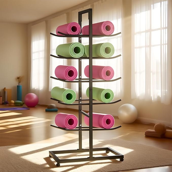 Yoga Mat Holder, Yoga Mat Storage Rack Floor-Standing, Home Gym Double Sided Foam Roller Holder Rack, Large Capacity Yoga Blocks Organizer Shelf on Wheels, 5 Tier Metal Rolling Cart (black, 5th floor)
