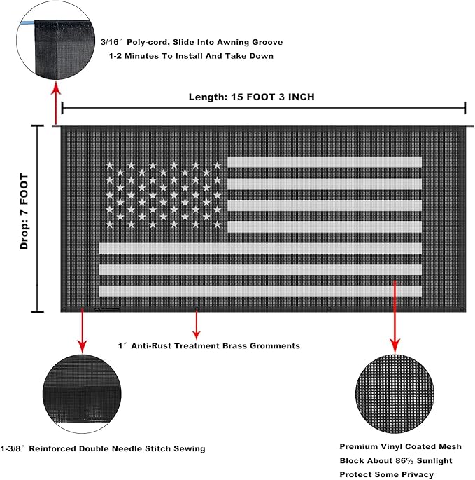 Tentproinc RV Awning Sun Shade Screen 7' X 15' 3'' (American Flag) Black Mesh Sunshade Camper Trailer Awning Shade Screen UV Blocker Completed Kits