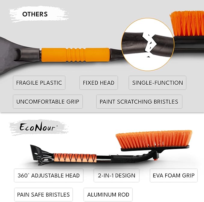 EcoNour 27" 3 in 1 Snow Brush with ice Scraper for car Windshield and Window | 360° Aluminum Rotatable Snow Brush for car | Winter Snow Removal Tools with Detachable Foam Grip | Winter Car Accessories
