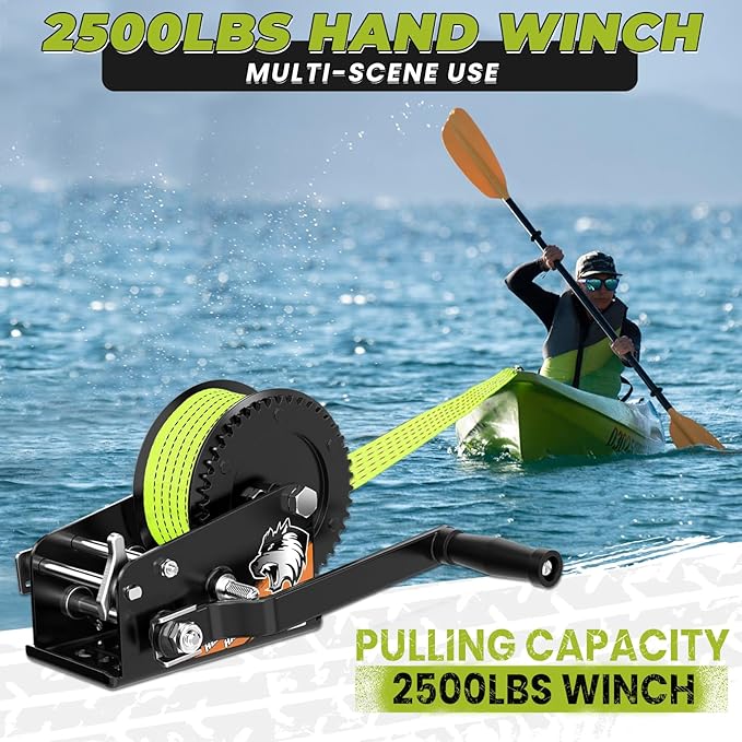 Heavy Duty Hand Winch for Boat Trailers, 2500lbs Crank Winch with 23FT Strap, Dual Speed 4:1/8:1 Gear and 2-Way Ratchet, Manual Trailer Winch for Towing Boats, Trucks, Jet Skis, RVs, and ATVs