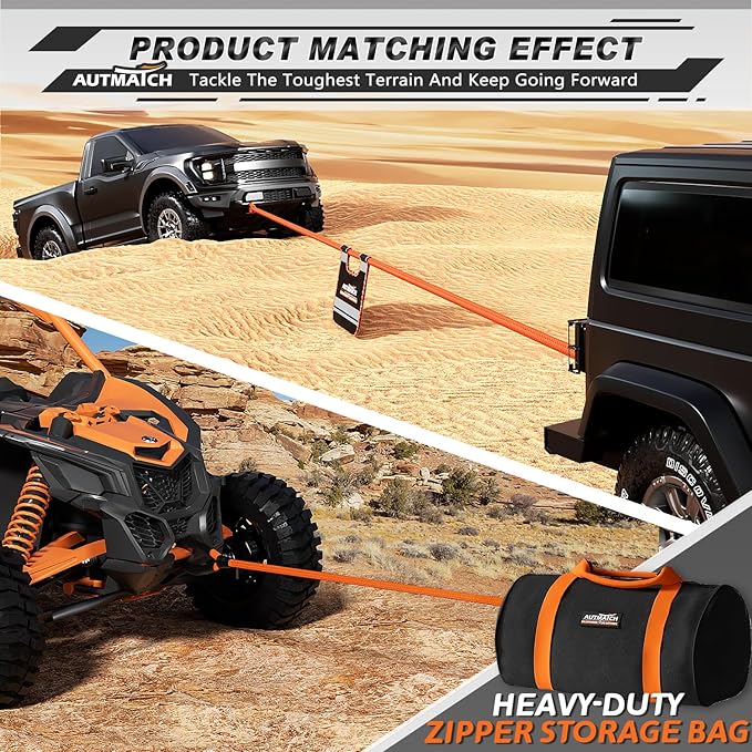 AUTMATCH Kinetic Recovery Tow Rope 1" x 20FT - Heavy Duty Offroad Snatch Strap 48000Lbs, 35% Elasticity Energy Recovery Tow Rope for 4x4 Off-Road Vehicle, Truck, Trailer, ATV, UTV, Orange
