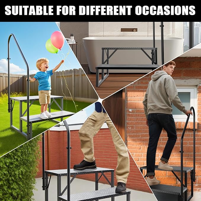 RV Steps with Handrail, 2 Step RV Stairs 660 lbs Load Capacity, Step Ladder with Anti-Slip Panel, Mobile Home Stairs for Travel Trailers