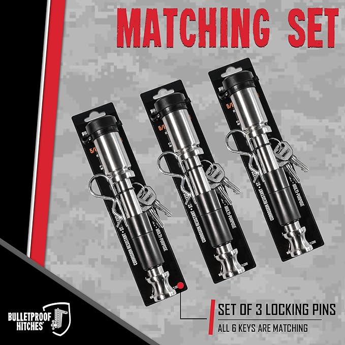 BulletProof Hitches - 5/8" Trailer Hitch Locking Pins - Universal Fit, Stainless Steel, Weather Resistant Rubber Cap - Silver, 3 Pack