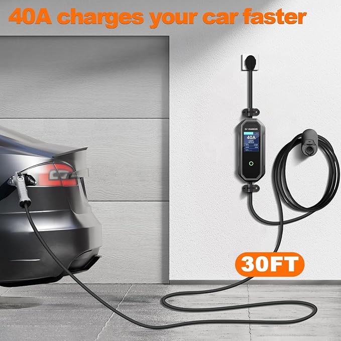 Level 2 EV Charger 40 Amp 110-240V 30ft Cable NEMA 14-50P, Mobile Portable Electric Vehicle Charger Plug-in Home EV Charging Station for SAE J1772 Evs Adjustable Current 