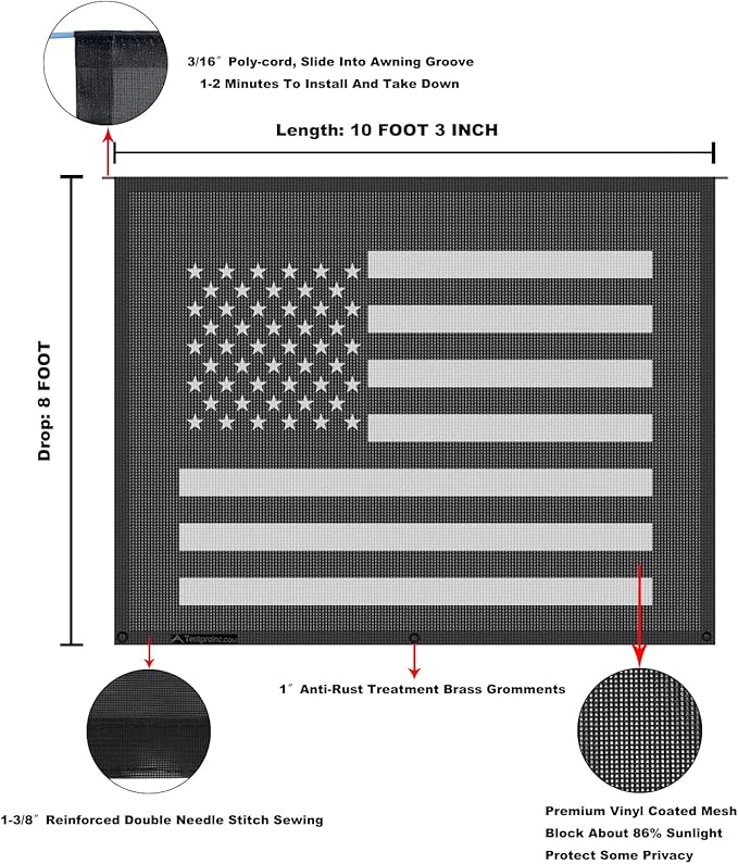 Tentproinc RV Awning Sun Shade Screen 8' X 10' 3'' (American Flag) Black Mesh Sunshade Camper Trailer Awning Shade Screen UV Blocker Completed Kits