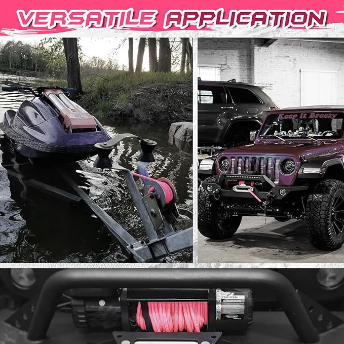 Synthetic Winch Rope, 3/8'' x 85ft 25,000LBS Double Braided Synthetic Winch Line 3/8 Winch Cable Replacement Synthetic Rope with Forged Winch Hook for 4WD Off Road Vehicle SUV Truck(Pink)