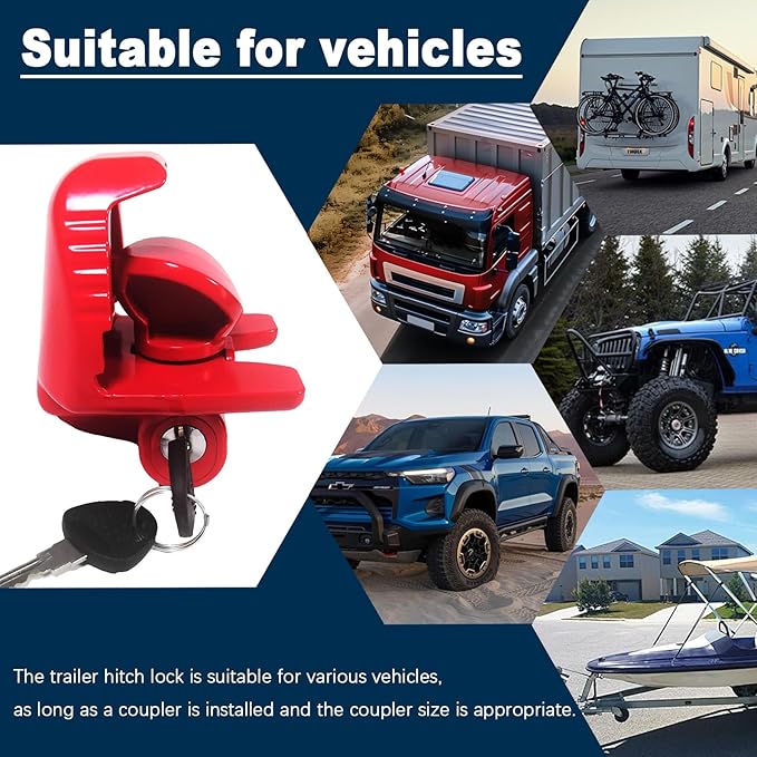 Trailer Hitch Locks with Keys, Universal Size Fit 1-7/8,2-5/16,2 Inch Ball Hitch Coupler Lock, Adjustable Heavy Duty Steel Trailer Tongue Lock for Boat, Trailers and RV, Anti-Theft Hitches, Red-1 Pack