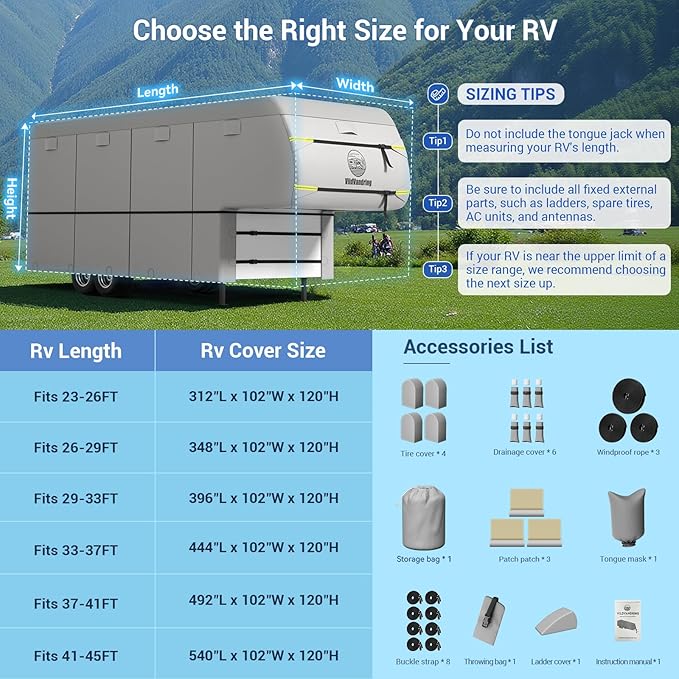 Heavy Duty Travel Trailer 5th Wheel RV Cover 23-26ft, 8 Layers Breathable Waterproof Rip-Stop Camper Cover with Adhesive Repair Patches, Gutter, Tire & Additional Straps