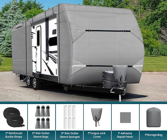 27'-30' Heavy Duty Travel Trailer Cover - 8-Layer Top All Weather Waterproof Windproof UV Protection, Universal Fit Motorhome Cover with 6 Gutter Spout Covers & Storage Bag