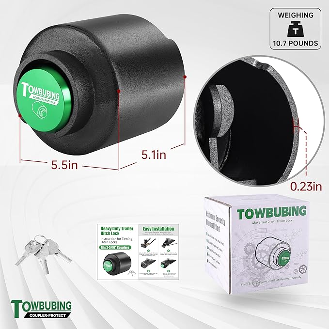 Trailer Coupler Lock, Fits 2 5/16-Inch Couplers, Secures Safety Chains, Upgrade Coating, Ice-Free Bottom Design, for RV, Trailer, Boat, Pickup, 360° Tamper-Proof, Heavy Duty Anti-Theft