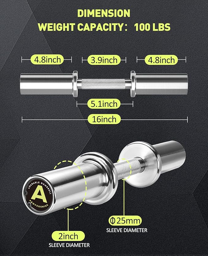 Pair of 16" Olympic Dumbbell Handles, Loadable Dumbbell Bars for 2-inch Olympic Weight Plates Great for Home Gym Strength Training, Weight Bars with 2 Pair of Spring Collars